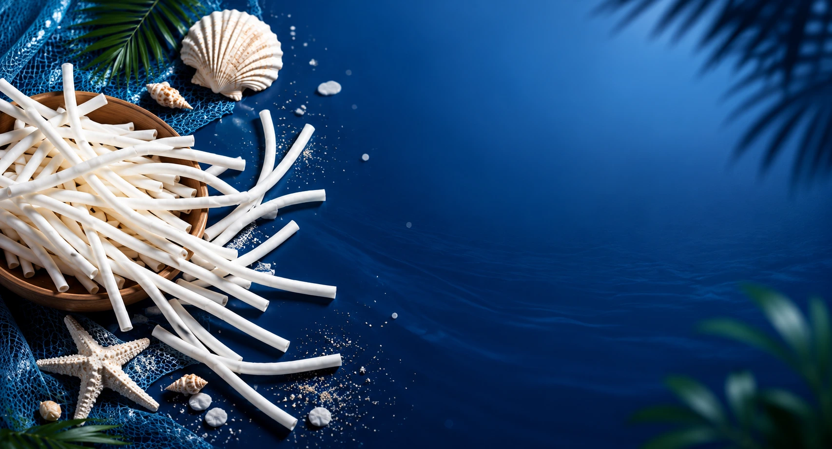 A beautiful collection of real dentalium shells and diverse marine treasures on a deep blue ocean background