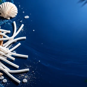 A beautiful collection of real dentalium shells and diverse marine treasures on a deep blue ocean background