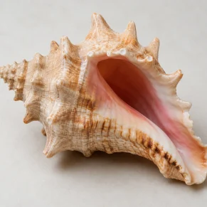 A detailed, natural conch seashell with a textured cream exterior and a glossy pink interior, isolated on a clean background.